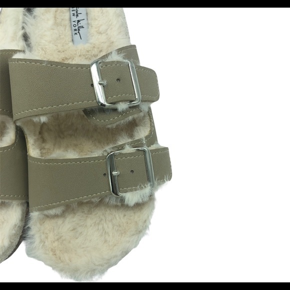 Nicole Miller New York Taupe Faux Fur Lined Double Strap Buckle Slide Sandals - Picture 5 of 5